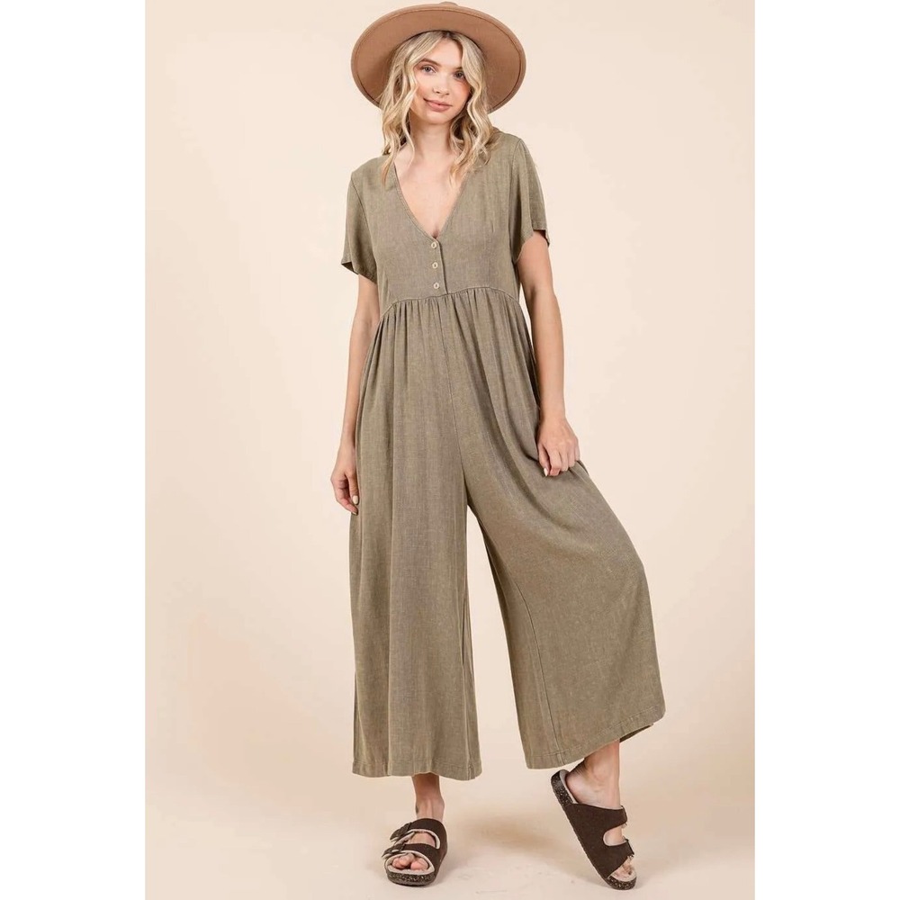 Three Bird Nest Luna Mineral Wash Jumpsuit Olive Green Small NWT Wide Leg
